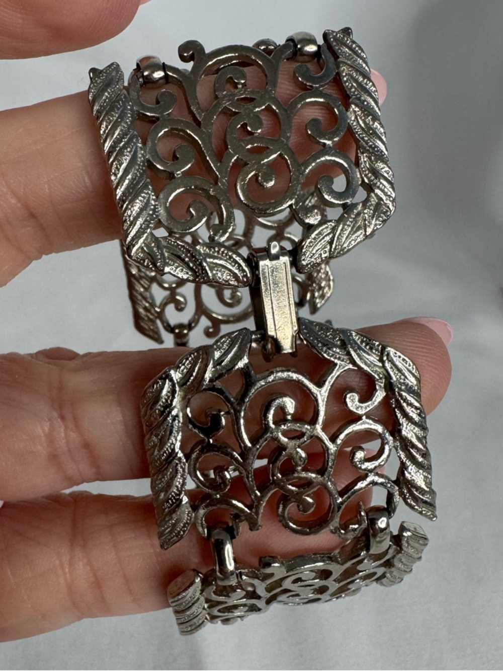 Silver Tone Filigree Link Bracelet Wide Statement